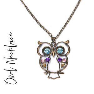 Cute Antique Look Jeweled Owl Necklace